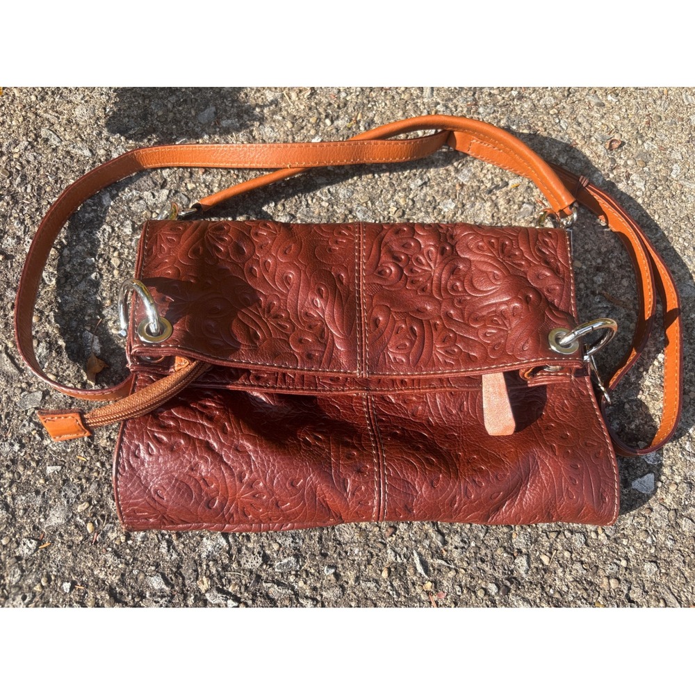 Lavorazione Artigianale Italian Leather Embossed Paisley Crossbody Clutch Bag